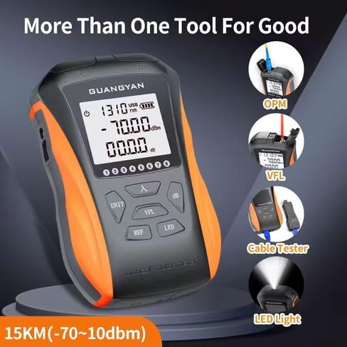 4 in 1 Optical Power Meter FC/SC/ST Universal Interface Fiber Tester Built-in 15Mw Visual Fault Locator, RJ45 Cable Tester, LED Light, Li-ion Battery USB Charge (OPM-70+10&VFL15KM) in Saudi Arabia