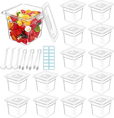 مجموعة أوعية طعام بلاستيكية شفافة مكونة من 15 قطعة، صينية طعام شفافة مقاس 1/6 مع غطاء وملقط وملاعق وملصقات وحاوية تخزين طعام قابلة للتكديس في المطاعم والفنادق ومقلاة تجارية للفواكه والخضروات (بعمق 6 بوصات) in Kuwait