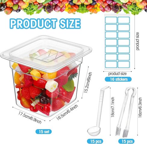 مجموعة أوعية طعام بلاستيكية شفافة مكونة من 15 قطعة، صينية طعام شفافة مقاس 1/6 مع غطاء وملقط وملاعق وملصقات وحاوية تخزين طعام قابلة للتكديس في المطاعم والفنادق ومقلاة تجارية للفواكه والخضروات (بعمق 6 بوصات) in Kuwait