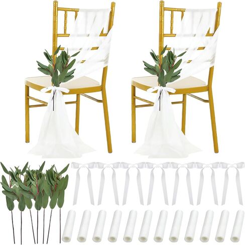 24 Packs Wedding Aisle Chair Decorations Bulk White Chair Sashes Chiffon Chair Cover Chair Sashes with Artificial Eucalyptus Leaves for Church Pew Wedding Reception Party Hotel Decoration in Saudi Arabia