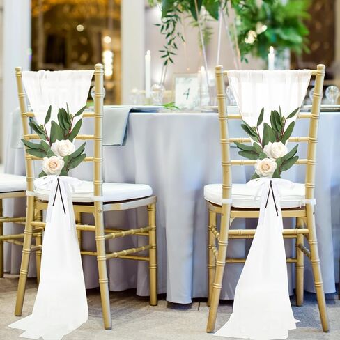24 Packs Wedding Aisle Chair Decorations Bulk White Chair Sashes Chiffon Chair Cover Chair Sashes with Artificial Eucalyptus Leaves for Church Pew Wedding Reception Party Hotel Decoration in Saudi Arabia