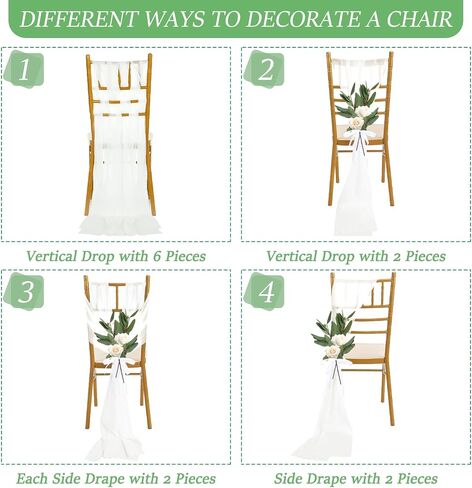 24 Packs Wedding Aisle Chair Decorations Bulk White Chair Sashes Chiffon Chair Cover Chair Sashes with Artificial Eucalyptus Leaves for Church Pew Wedding Reception Party Hotel Decoration in Saudi Arabia