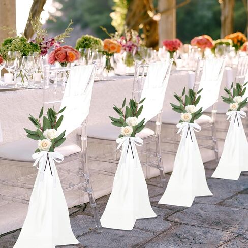 24 Packs Wedding Aisle Chair Decorations Bulk White Chair Sashes Chiffon Chair Cover Chair Sashes with Artificial Eucalyptus Leaves for Church Pew Wedding Reception Party Hotel Decoration in Saudi Arabia