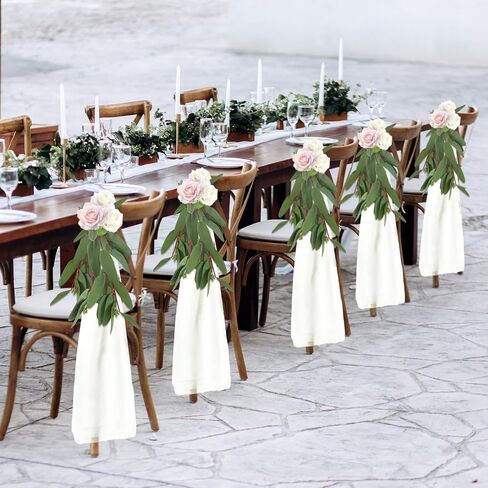 24 Packs Wedding Aisle Chair Decorations Bulk White Chair Sashes Chiffon Chair Cover Chair Sashes with Artificial Eucalyptus Leaves for Church Pew Wedding Reception Party Hotel Decoration in Saudi Arabia