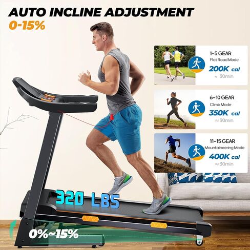 Treadmills for Home with 15% Auto Incline and 320 lbs Capacity, 3.5 HP Folding Electric Treadmill Max 8.7 MPH Speed, Running Machine with Bluetooth Speaker and APP Control for Home Office in Saudi Arabia