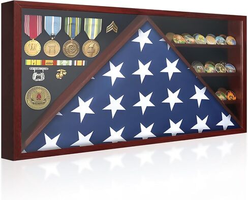 Memorial Flag Display Case for 5' x 9.5' American Veteran Burial Flag with HD Tempered Glass, Military Shadow Box with Velvet Felt Lining for Medals, Black in Saudi Arabia