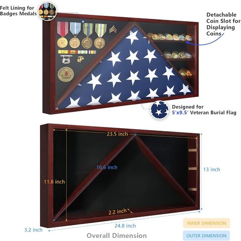 Memorial Flag Display Case for 5' x 9.5' American Veteran Burial Flag with HD Tempered Glass, Military Shadow Box with Velvet Felt Lining for Medals, Black in Saudi Arabia