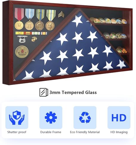 Memorial Flag Display Case for 5' x 9.5' American Veteran Burial Flag with HD Tempered Glass, Military Shadow Box with Velvet Felt Lining for Medals, Black in Saudi Arabia