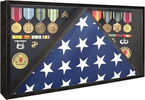 Memorial Flag Display Case for 5' x 9.5' American Veteran Burial Flag with HD Tempered Glass, Military Shadow Box with Velvet Felt Lining for Medals, Black in Saudi Arabia
