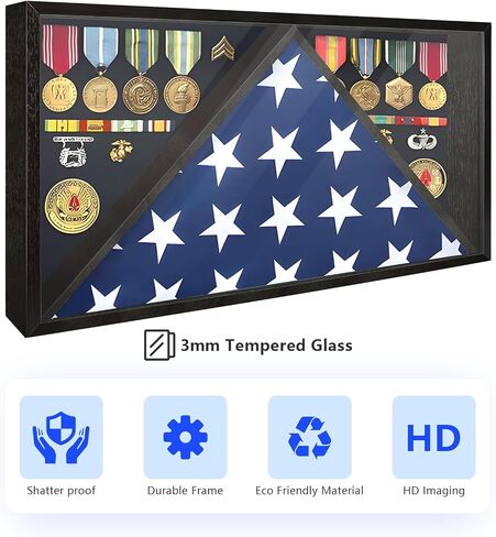 Memorial Flag Display Case for 5' x 9.5' American Veteran Burial Flag with HD Tempered Glass, Military Shadow Box with Velvet Felt Lining for Medals, Black in Saudi Arabia