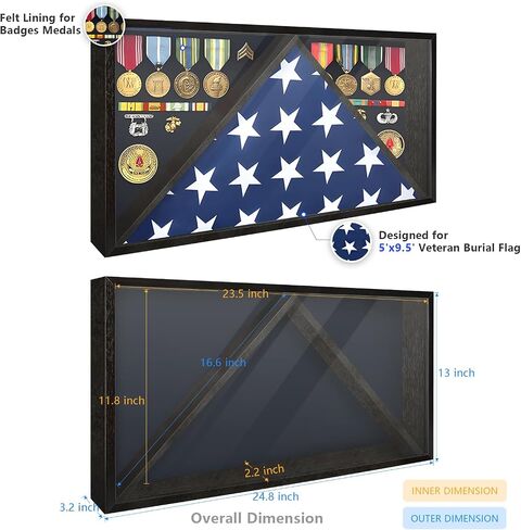 Memorial Flag Display Case for 5' x 9.5' American Veteran Burial Flag with HD Tempered Glass, Military Shadow Box with Velvet Felt Lining for Medals, Black in Saudi Arabia