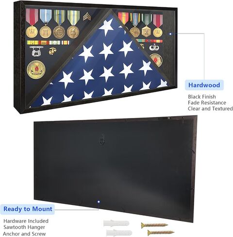 Memorial Flag Display Case for 5' x 9.5' American Veteran Burial Flag with HD Tempered Glass, Military Shadow Box with Velvet Felt Lining for Medals, Black in Saudi Arabia