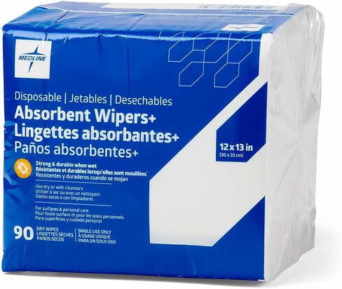 Medline Absorbent Wipers+ Disposable Heavy Duty Dry Wipes, 12" x 13" (90 Count, Pack of 1) in Kuwait