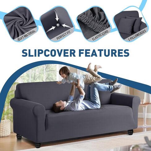 أغطية أريكة قابلة للتمدد من TAOCOCO، أغطية للأريكة مكونة من 3 وسائد وأريكة وغطاء أريكة غير قابل للانزلاق وصديق للحيوانات الأليفة وواقي أثاث قابل للغسل مع قاع مرن وقطعتين من أكياس الوسائد (أريكة 72 بوصة - 92 بوصة، رمادي رصاصي) in Kuwait