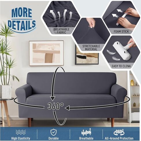 أغطية أريكة قابلة للتمدد من TAOCOCO، أغطية للأريكة مكونة من 3 وسائد وأريكة وغطاء أريكة غير قابل للانزلاق وصديق للحيوانات الأليفة وواقي أثاث قابل للغسل مع قاع مرن وقطعتين من أكياس الوسائد (أريكة 72 بوصة - 92 بوصة، رمادي رصاصي) in Kuwait