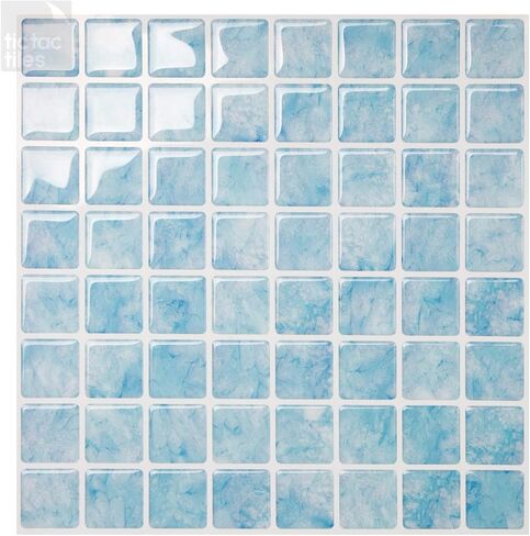 Tic Tac Tiles Peel and Stick Self Adhesive Removable Stick On Kitchen Backsplash Bathroom 3D Wall Sticker Wallpaper Tiles in Small Square Designs (Vetro Aqua & Glassy Peacock) (10, Aqua Vetro) in Saudi Arabia