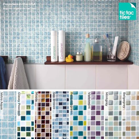 Tic Tac Tiles Peel and Stick Self Adhesive Removable Stick On Kitchen Backsplash Bathroom 3D Wall Sticker Wallpaper Tiles in Small Square Designs (Vetro Aqua & Glassy Peacock) (10, Aqua Vetro) in Saudi Arabia