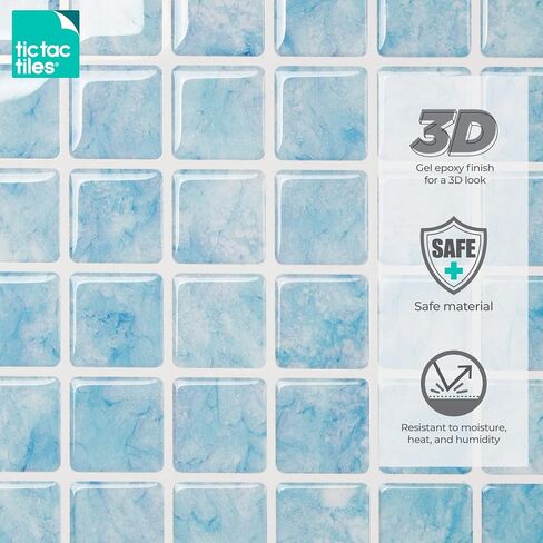 Tic Tac Tiles Peel and Stick Self Adhesive Removable Stick On Kitchen Backsplash Bathroom 3D Wall Sticker Wallpaper Tiles in Small Square Designs (Vetro Aqua & Glassy Peacock) (10, Aqua Vetro) in Saudi Arabia