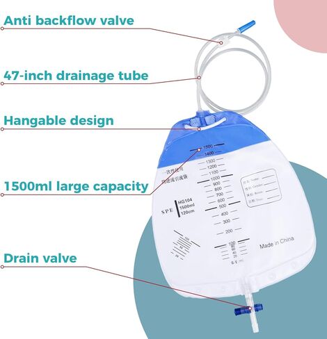 كيس تصريف بولي مع غرفة مضادة للارتجاع، كيس بول بحجم 1500 مل (5 عبوات) in Kuwait