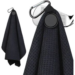 Magnetic Golf Towel-Max N52 Industrial Magnet, over than 60 LB Pull , with Rubber Cover and Carabiner, 24x16inch Lager Size, Non-abrasive and Lint Free, Strong Hold to Golf Carts or Clubs - Black