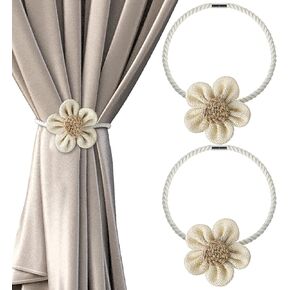 Magnetic Curtain Tiebacks, 2Pcs Flower Drapery Tie Backs Boho Decorative Holdbacks Ropes Curtain Holders for Window Decor Bedroom Office Home