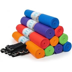 20-Pack Classic Yoga Set, 10 Non Slip Yoga Mats (68" x 24" x 4mm) and 10 6ft D-Ring Yoga Straps, Yoga Accessories for Schools and Studios, Assorted