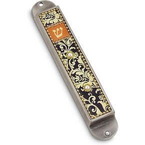 Iris Collection Handcrafted Pewter & Enamel Beaded Colored Mezuzah Case (Black - Florals)