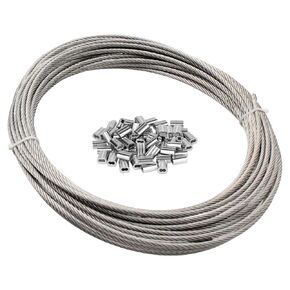 Wire Rope, 1/16 Wire Rope, 304 Stainless Steel Wire Cable, 100FT with 50Pcs Crimping Sleeves, Clothes Line Wires, Trellis Wire, 7x7 368lbs Breaking Strength