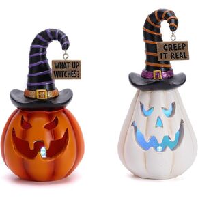 Valery Madelyn Cute Halloween Pumpkin Decorations with Lights, Set of 2 Resin Halloween Figurines White and Orange Statues with Witch Hat for Indoor Outdoor Home Table Party Decor, 6.3 Inch Tall