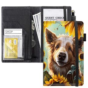 Server Books for Waitress with 11 Large Pockets, Waitstaff Server Order Pads, Leather Waitress Book Server Wallet with Elastic Band Fit Server Apron, Dog with Sunflowers