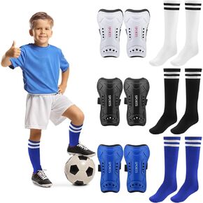 3 Pairs Youth Soccer Shin Guards - Impact Resistant Kids Soccer Shin Guards + 3 Pairs Long Soccer Socks - Flexible Football Shin Pads Shin Protectors for 6-15 Years Old Boys Girls Children Teenagers