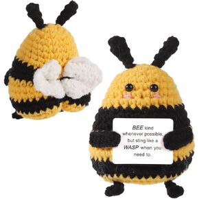 Funny Positive Bee, 2.76 Inch Mini Crochet Bee Positive Wool Knitted Doll Pocket Hug Potato with Emotional Inspirational Affirmation Support Card Novelty Gift for Kid Birthday Party Decoration