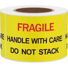 Hybsk 2x3 inch 300pcs Fragile Stickers for Shipping Moving Handle with Care Do Not Stack Yellow Warning Labels (Type 1)
