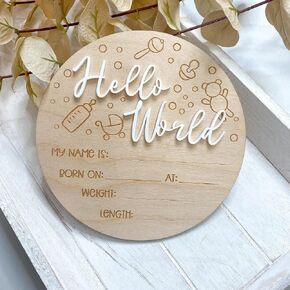 لافتة إعلان ميلاد Hello World لحديثي الولادة، لافتة إحصائيات الميلاد، لافتة خشبية Hello World لاسم الطفل، لوحة إعلان ميلاد خشبية "Hello World" أكريليك أبيض غير لامع (01)