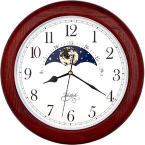 JUSTIME 14 Inch Exclusive Solid Oak Wood Non-Ticking Sweep Mechanical Specialty Moon Phase Moving Dial Wall Clock, Gift, Home Décor