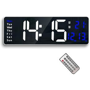 Digital Wall Clock with 13.2 Inch Large Display, Big Digits, Remote Control,Auto Dimming,10-Level Brightness,Timer,DST, Date,Week,Temperatur Display,Dual Alarm for Living Room Wall Decor