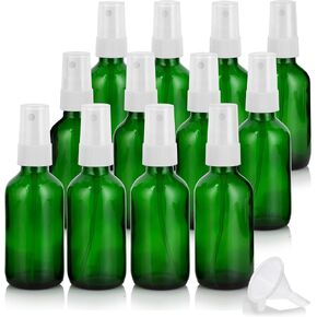 JUVITUS 2 oz Green Glass Boston Round Bottle with White Fine Mist Spray (24 Pack) + Funnel