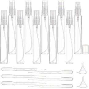 BENECREAT 30PCS 3ml/5ml/10ml Mini Fine Mist Spray Bottle Clear Glass Travel Empty Atomiser Spray Bottles with 2PCS Funnel and 4PCS Pipettes for Perfume, Cosmetic(10PCS/Size)