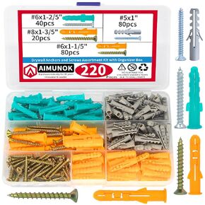 220PCS Drywall Anchors and Screws Kit, 110 Plastic Dry Wall Anchors & 110 Philips Flat Head Screws, 4 Sizes Wall Mount Screws and Anchor Set to Meet Different Needs.