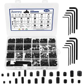 830Pcs 25 Sizes Metric + SAE Set Screw Assortment Kit, Internal Hex Drive Cup-Point Allen Screws Set 12.9 Class Alloy Steel Grub Screw (M3-M8, 1/8"-40 to 5/16"-18)