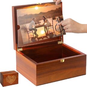 Large Wooden Keepsake Box with Hinged Lid and Photo Frame - Elegant Wedding Memory Box, Ideal for Photos, Letters, Time Capsules, Bride Gift, Love Box, Decorative Storage，5.5“*8.6"*11.3“