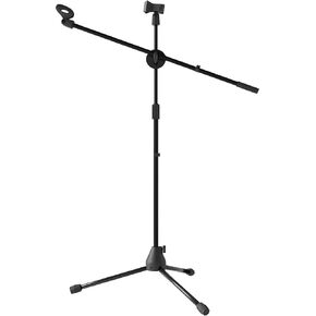 Blucoil Adjustable Microphone Stand with 2.3' - 4.1' Height, Rotating Boom Arm, Tripod Base, Dual Mic Clips - Compatible with AKG, Audio Technica, MXL, Samson, Blue Mic, sE Electronics, and More