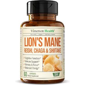 Lions Mane Supplement Capsules - Mushroom Supplement with Shiitake Mushrooms, Reishi Mushroom, Maitake Mushroom & Chaga. 60 High Potency Lion’s Mane Mushroom Capsules for Cognitive & Immune Support.