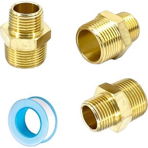 3Pcs 3/4" NPT x 1/2" NPT Male Brass Pipe Fitting,1/2" Male to 3/4" Male Hex Nipple Reducer Adapters with Sealing Tape