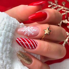 Christmas Press on Nails Winter Fake Nails Glossy Pink Christmas Tree Designs Glue on Nails Full Cover White French Snowflake Christmas Acrylic Nails Medium Christmas Stick on Nails for Women, 24 Pcs