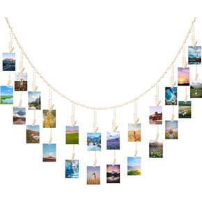Hanging Photo Display with 24 Clips, Wooden Bead Garland, Wall Hanging Photo Garland Display Clip, Boho Style Collage Picture Frame Decoration for DIY, Dorms, Classrooms, Bedrooms