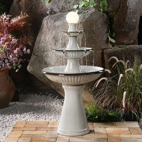 3 Tier Ceramic Fountain with Lights - Ivory Elegance
