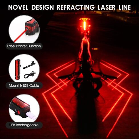 مصباح خلفي للدراجة من BESTSUN، ضوء خلفي للدراجة بالليزر قابل لإعادة الشحن USB 5 مصابيح LED لركوب الدراجات مقاومة للماء 6 أوضاع إضاءة للدراجة مصباح تحذير للسلامة للركوب الليلي in Kuwait
