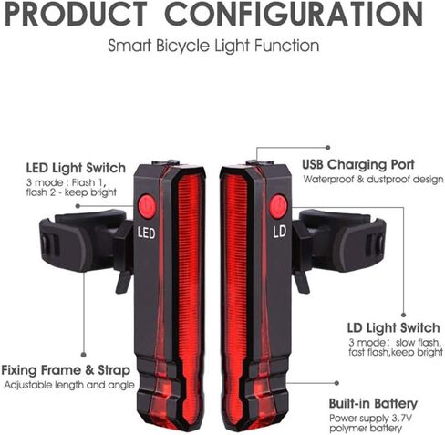 مصباح خلفي للدراجة من BESTSUN، ضوء خلفي للدراجة بالليزر قابل لإعادة الشحن USB 5 مصابيح LED لركوب الدراجات مقاومة للماء 6 أوضاع إضاءة للدراجة مصباح تحذير للسلامة للركوب الليلي in Kuwait