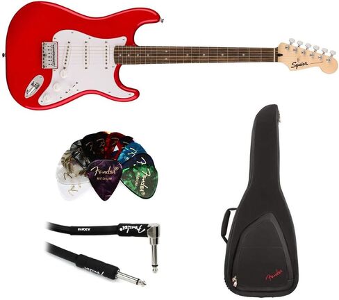 جيتار كهربائي Squier Sonic Stratocaster HT، تورينو أحمر، لوحة أصابع لوريل، حزمة Pickguard بيضاء مع حقيبة جيتار كهربائي FE620، 351 قطعة جيتار كلاسيكية، وكابل مستقيم/زاوية in Saudi Arabia
